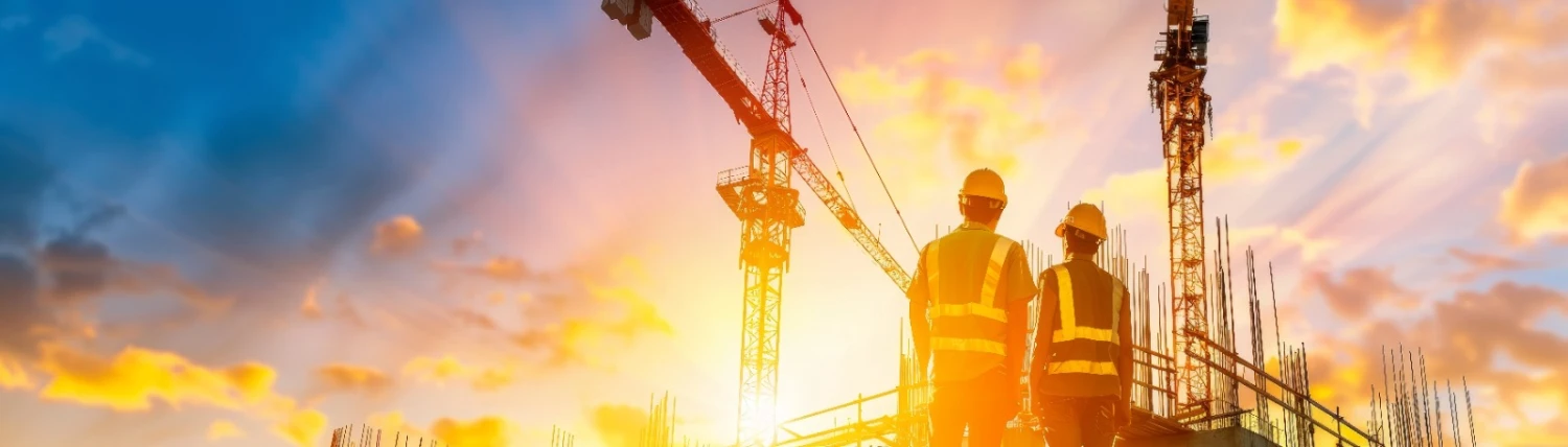 Asotic Bau GmbH - Silhouetten von Bauarbeitern bei Sonnenuntergang mit Kran und Gerüst
